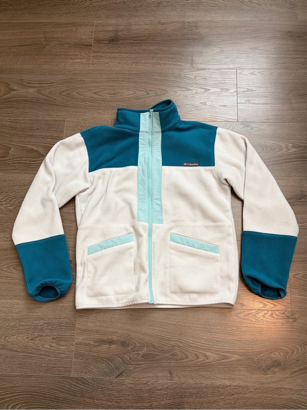Columbia Colorblock Fleece Jacket Small Cream & Teal Full Zip